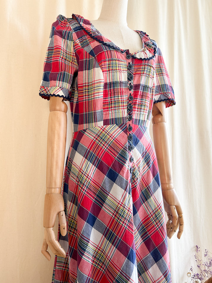 Cute Handmade 1970s Madras Plaid Cotton Prairie Dress