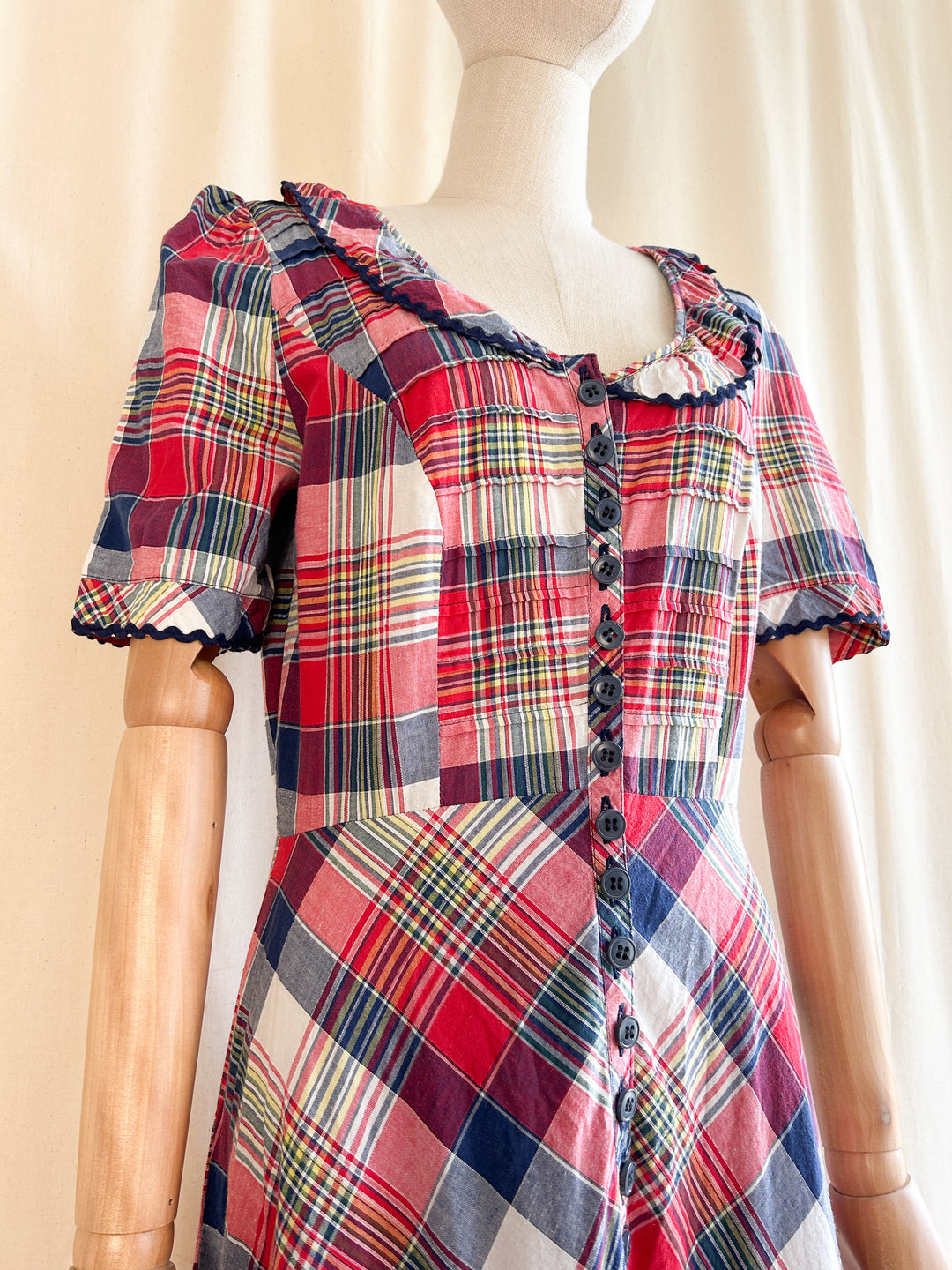 Cute Handmade 1970s Madras Plaid Cotton Prairie Dress