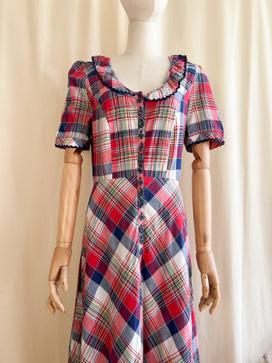 Cute Handmade 1970s Madras Plaid Cotton Prairie Dress