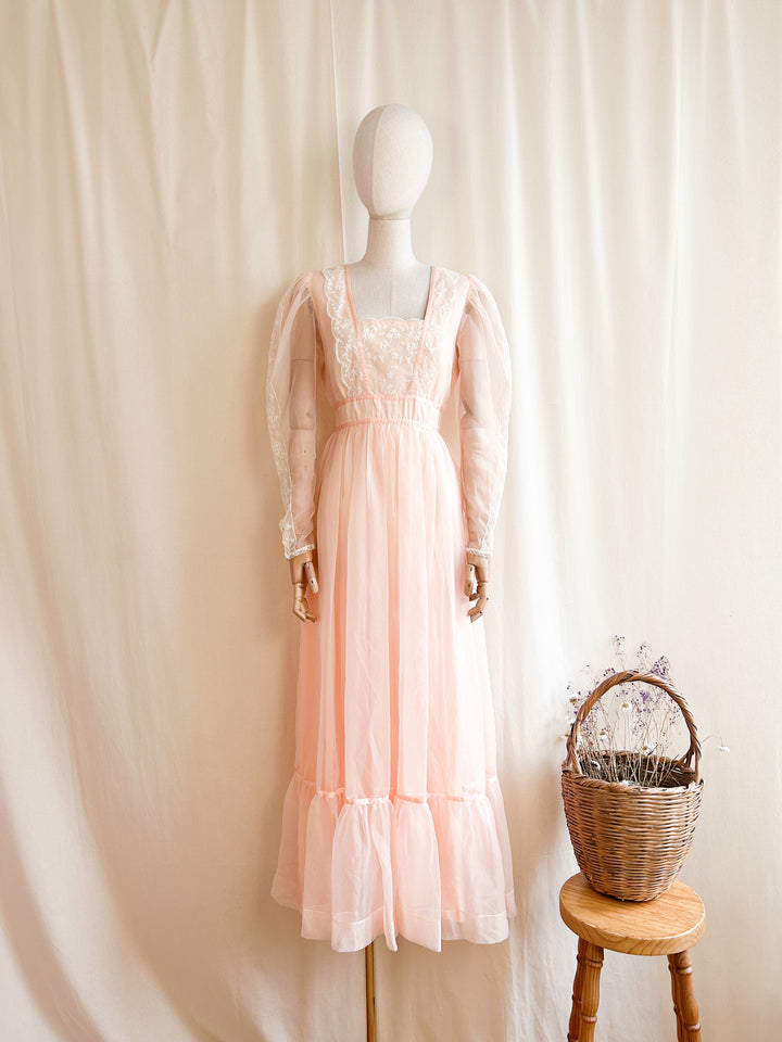 The Francine ~ adorable 70s peach chiffon maxi dress