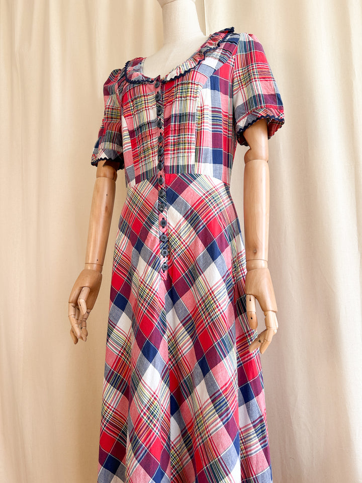 Cute Handmade 1970s Madras Plaid Cotton Prairie Dress