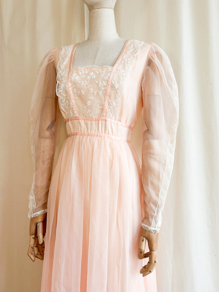 The Francine ~ adorable 70s peach chiffon maxi dress