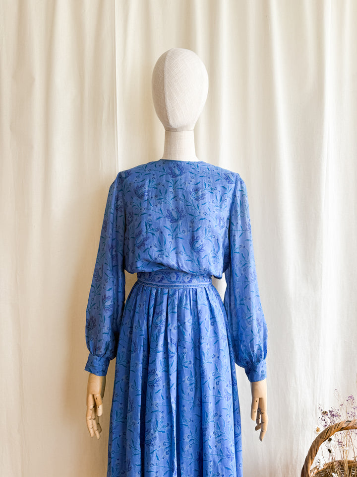 Holy Grail Precious 70s Indian Block print Silk Midi Dress by Treacy Lowe