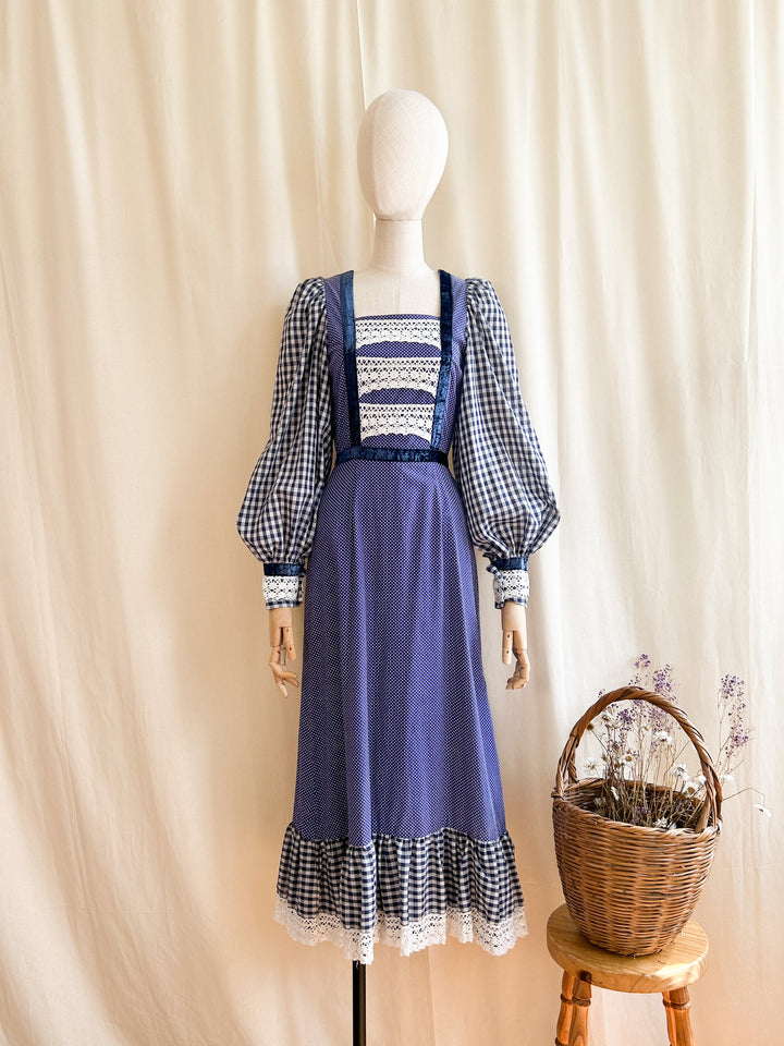 Stunning 1970s Cotton Navy Mixed Gingham Prairie Dress