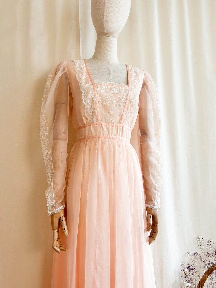 The Francine ~ adorable 70s peach chiffon maxi dress