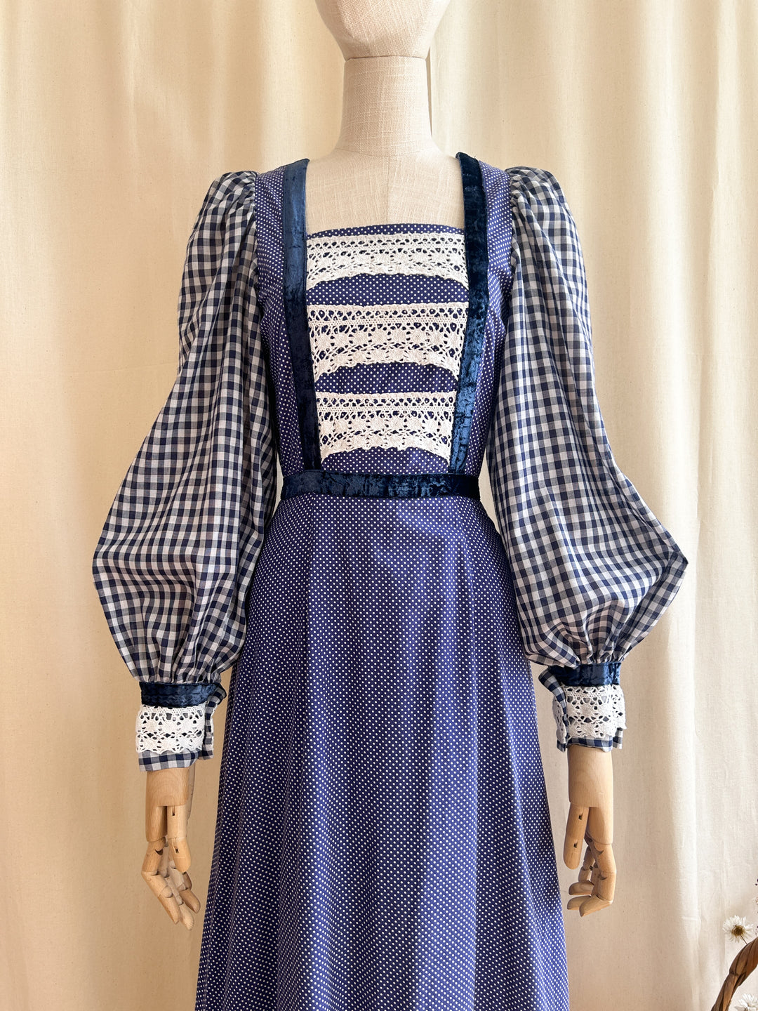 Stunning 1970s Cotton Navy Mixed Gingham Prairie Dress