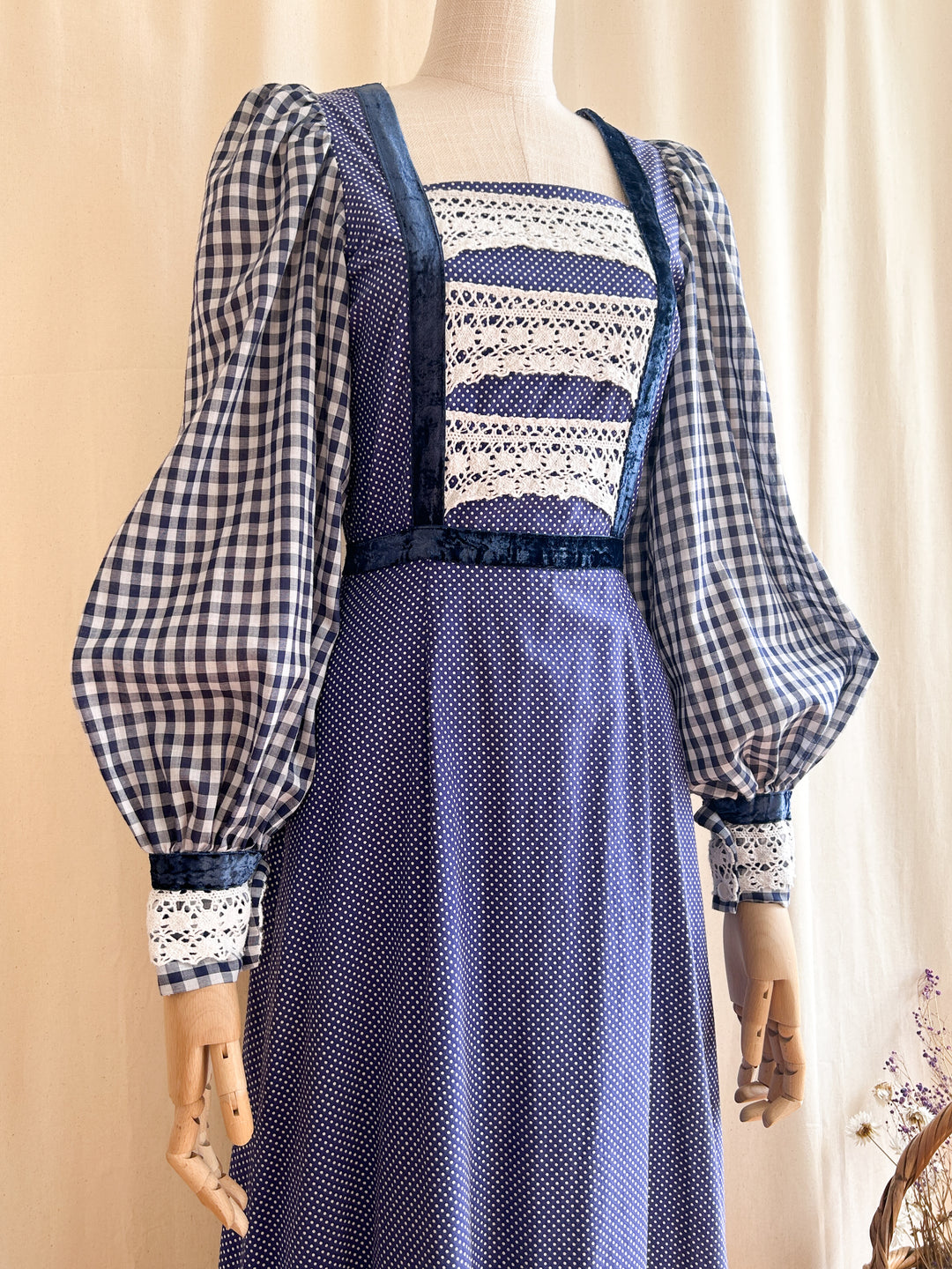 Stunning 1970s Cotton Navy Mixed Gingham Prairie Dress