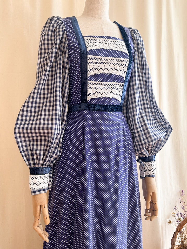 Stunning 1970s Cotton Navy Mixed Gingham Prairie Dress