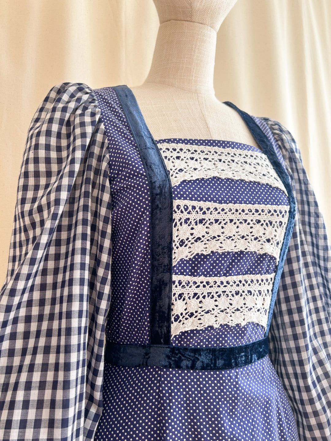 Stunning 1970s Cotton Navy Mixed Gingham Prairie Dress