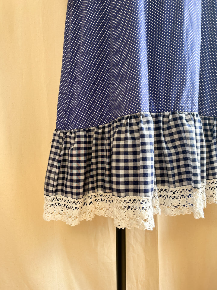 Stunning 1970s Cotton Navy Mixed Gingham Prairie Dress