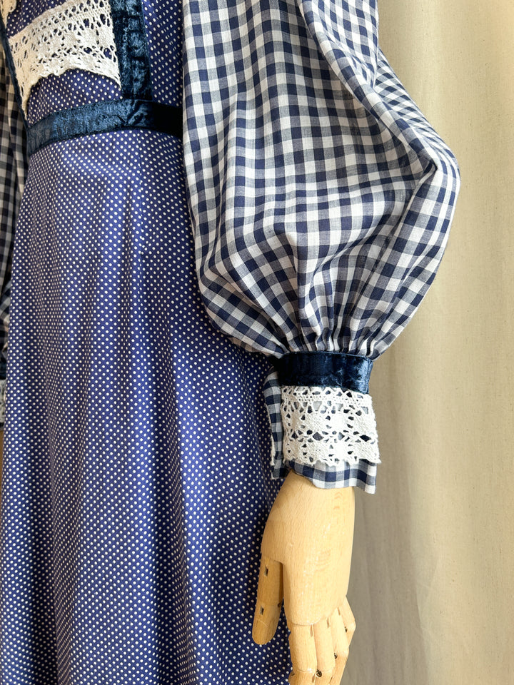 Stunning 1970s Cotton Navy Mixed Gingham Prairie Dress