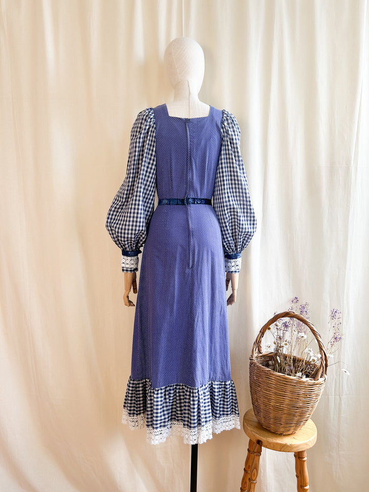 Stunning 1970s Cotton Navy Mixed Gingham Prairie Dress