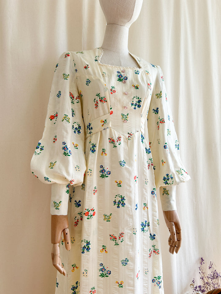 Amazing Botanical Print Rare Seersucker Cotton 1970s Prairie Dress