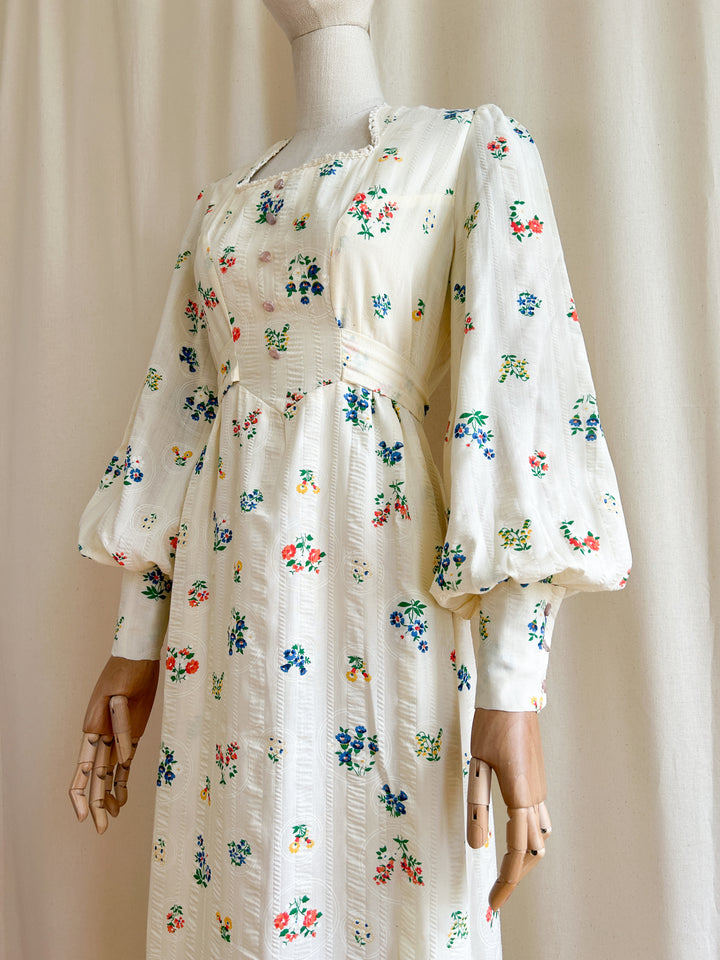 Amazing Botanical Print Rare Seersucker Cotton 1970s Prairie Dress