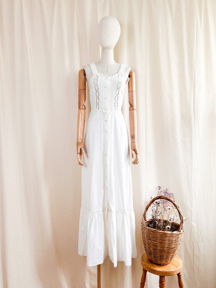 The Dione ~ dreamy raw cotton and lace white 70s prairie maxi sundress