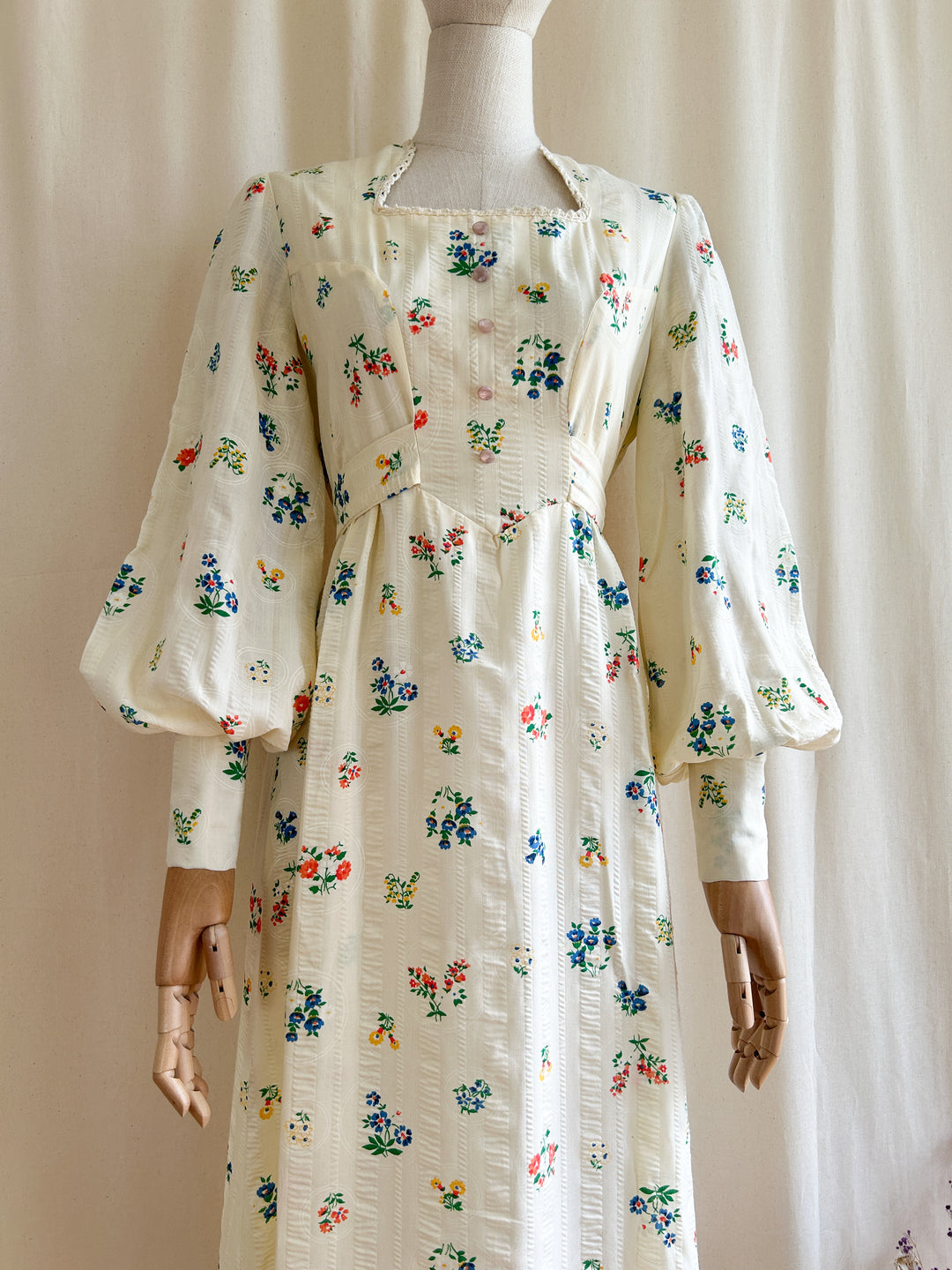 Amazing Botanical Print Rare Seersucker Cotton 1970s Prairie Dress