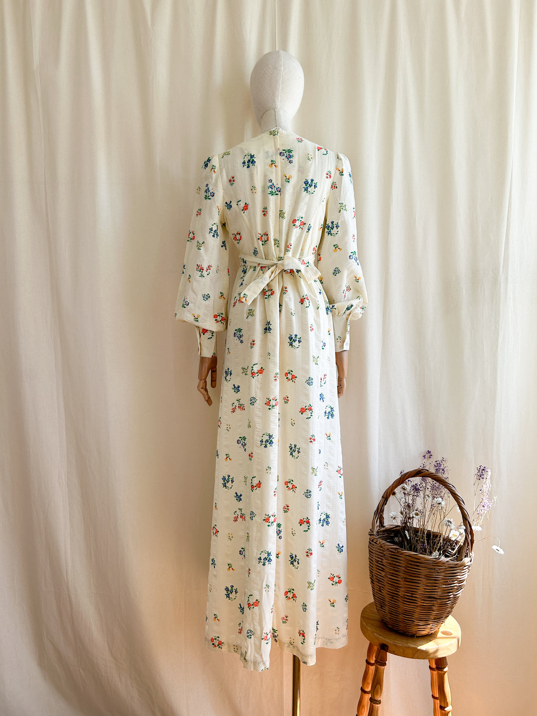 Amazing Botanical Print Rare Seersucker Cotton 1970s Prairie Dress