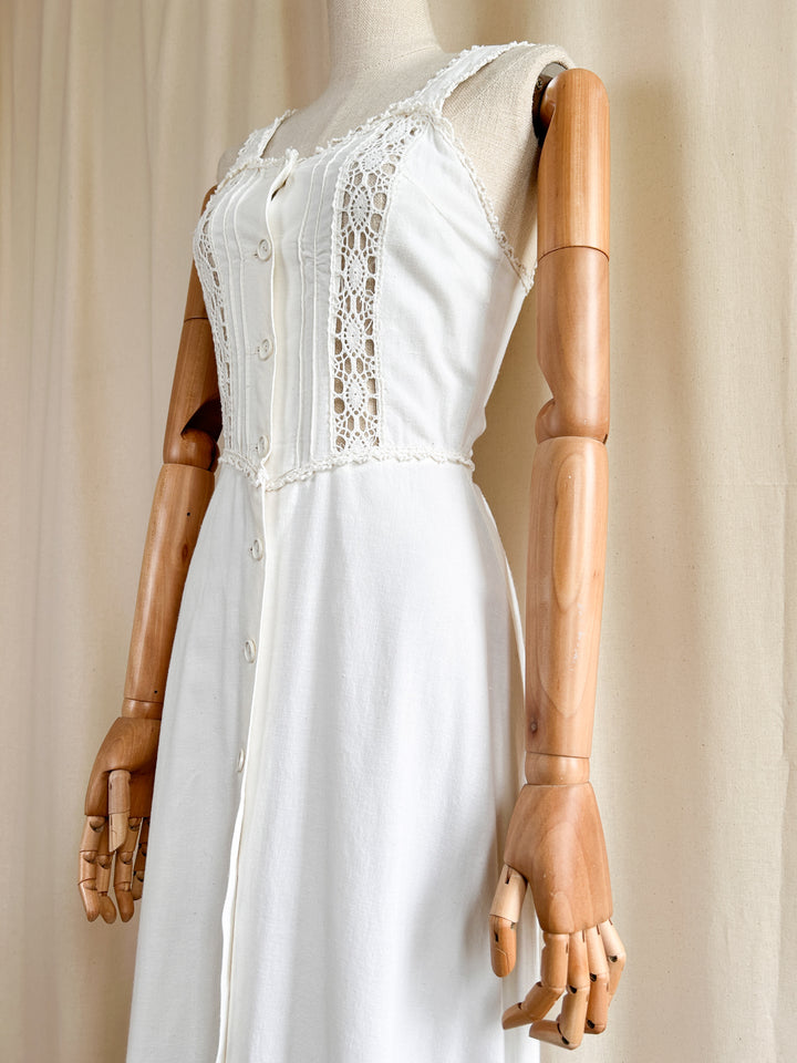 The Dione ~ dreamy raw cotton and lace white 70s prairie maxi sundress