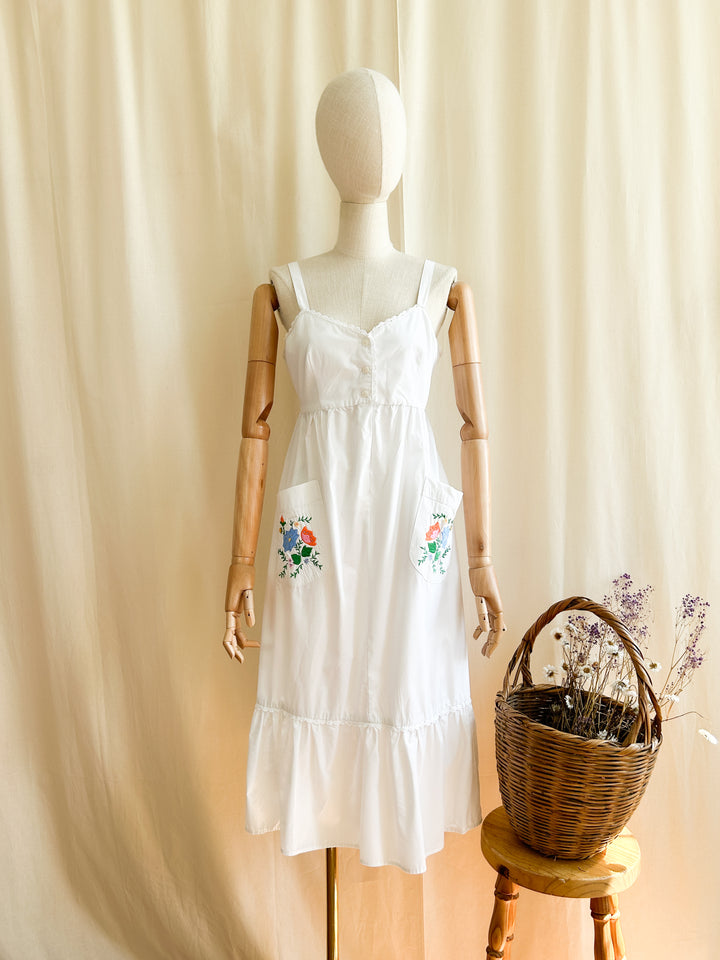 Adorable 1970s White Cotton Prairie Midi Dress