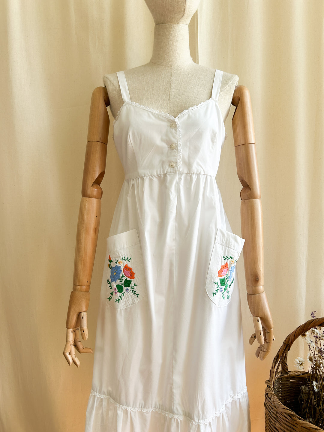 Adorable 1970s White Cotton Prairie Midi Dress