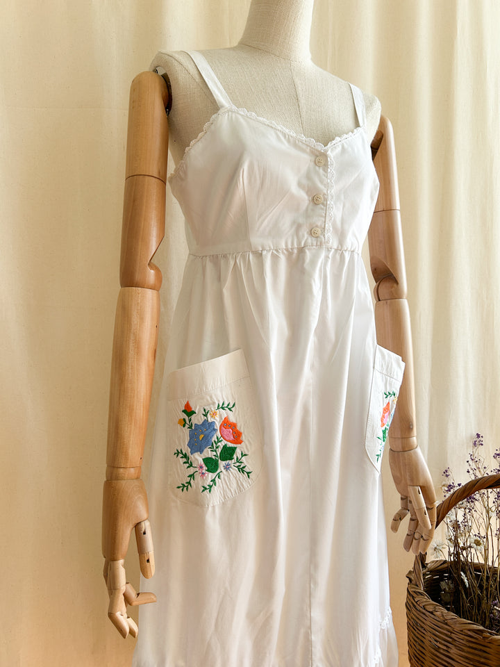 Adorable 1970s White Cotton Prairie Midi Dress