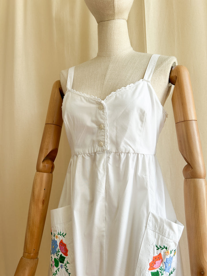 Adorable 1970s White Cotton Prairie Midi Dress