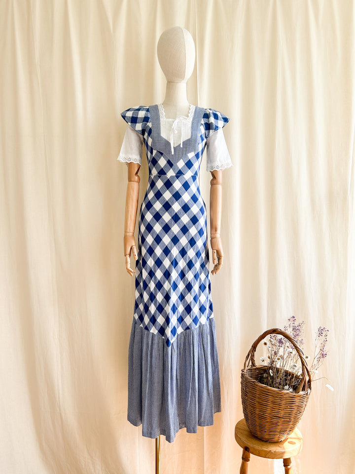 Beaut Blue Buffalo Check 1970s Cotton Prairie Dress