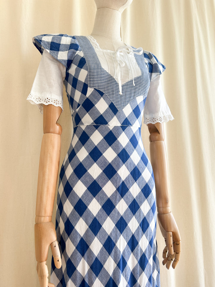 Beaut Blue Buffalo Check 1970s Cotton Prairie Dress