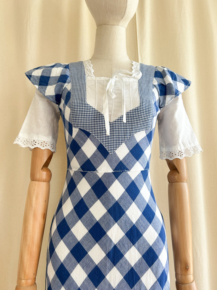 Beaut Blue Buffalo Check 1970s Cotton Prairie Dress