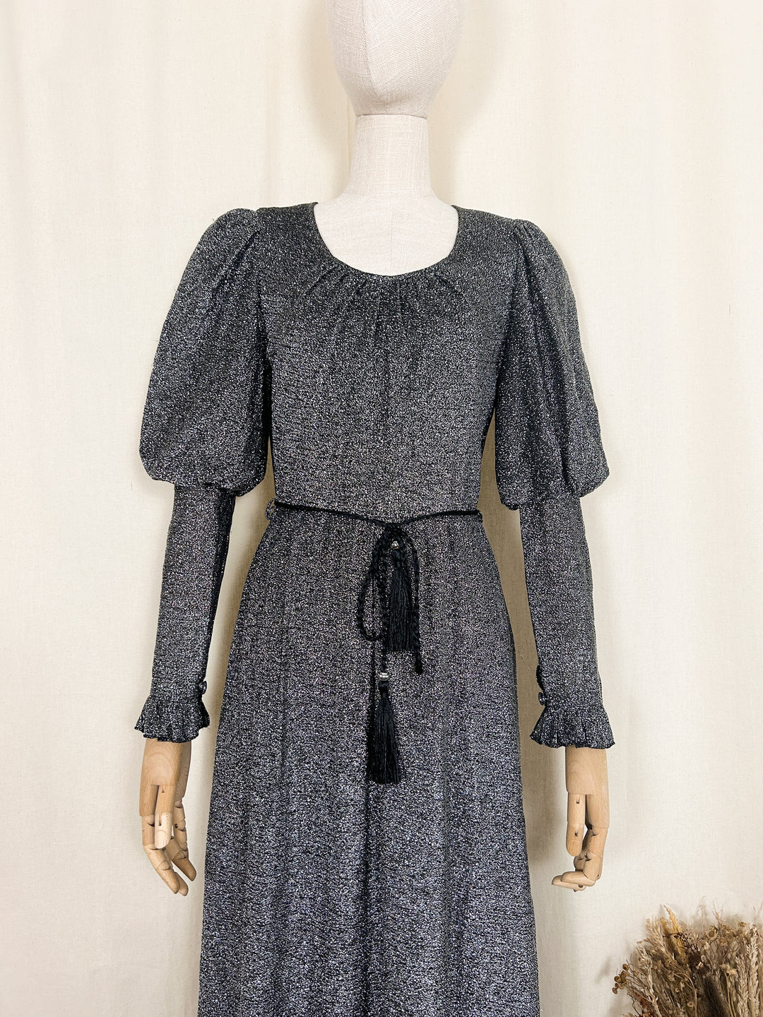 The Juliet ~ breathtaking rare 70s mutton sleeve lurex dress