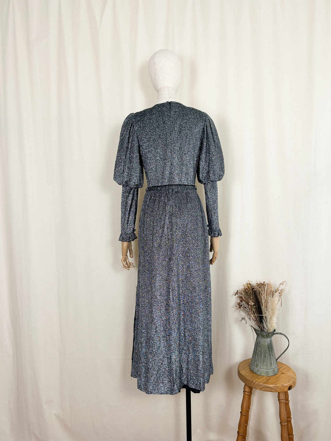 The Juliet ~ breathtaking rare 70s mutton sleeve lurex dress