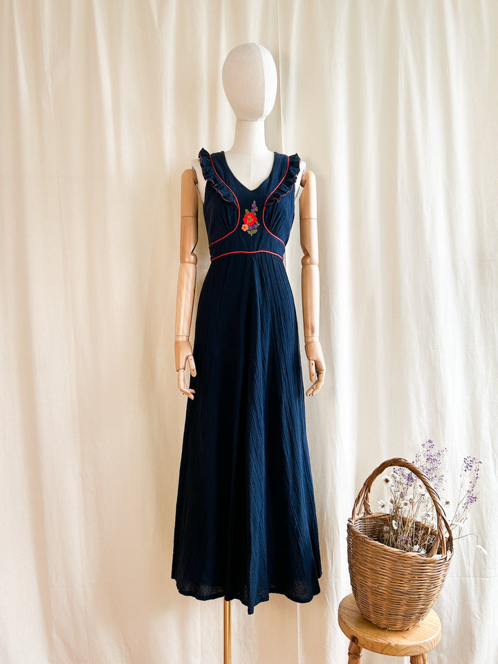 Dreamy Rare Dark Navy Bohemian Cheesecloth 70s Dress