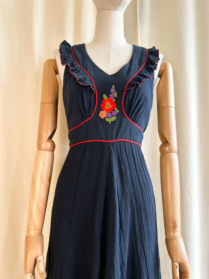 Dreamy Rare Dark Navy Bohemian Cheesecloth 70s Dress