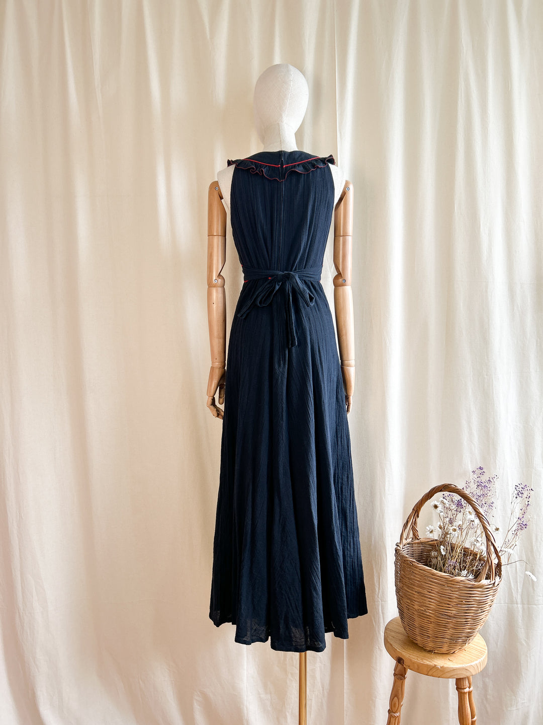 Dreamy Rare Dark Navy Bohemian Cheesecloth 70s Dress