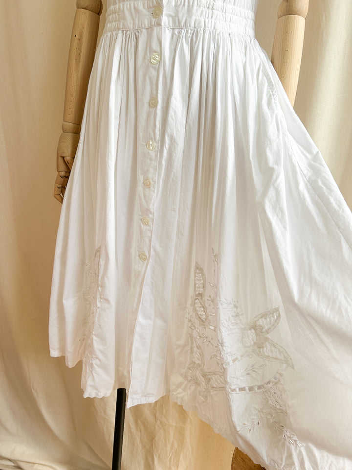 Beautiful 80s Embroidered White Cotton Midi Dress