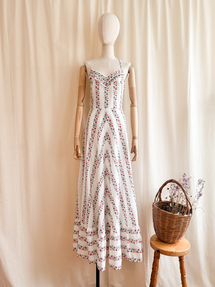 Stunning Rare Floral Broderie Anglaise Crossback 70s Cotton Dream Dress