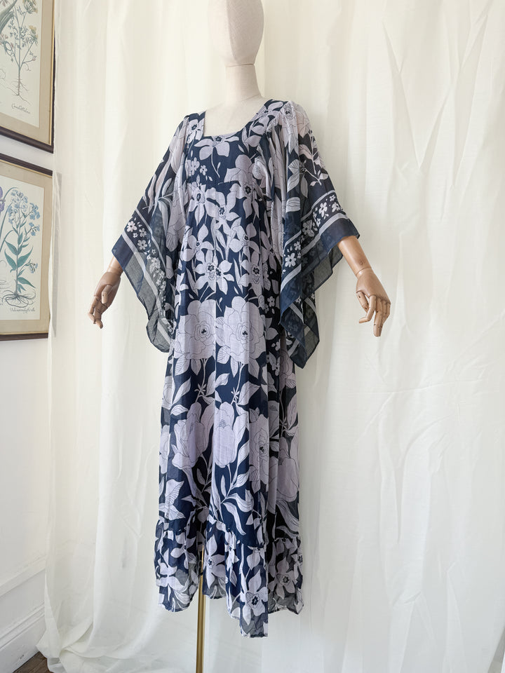 Insanely Beautiful 1970s Angel Sleeve Cotton Maxi Dress
