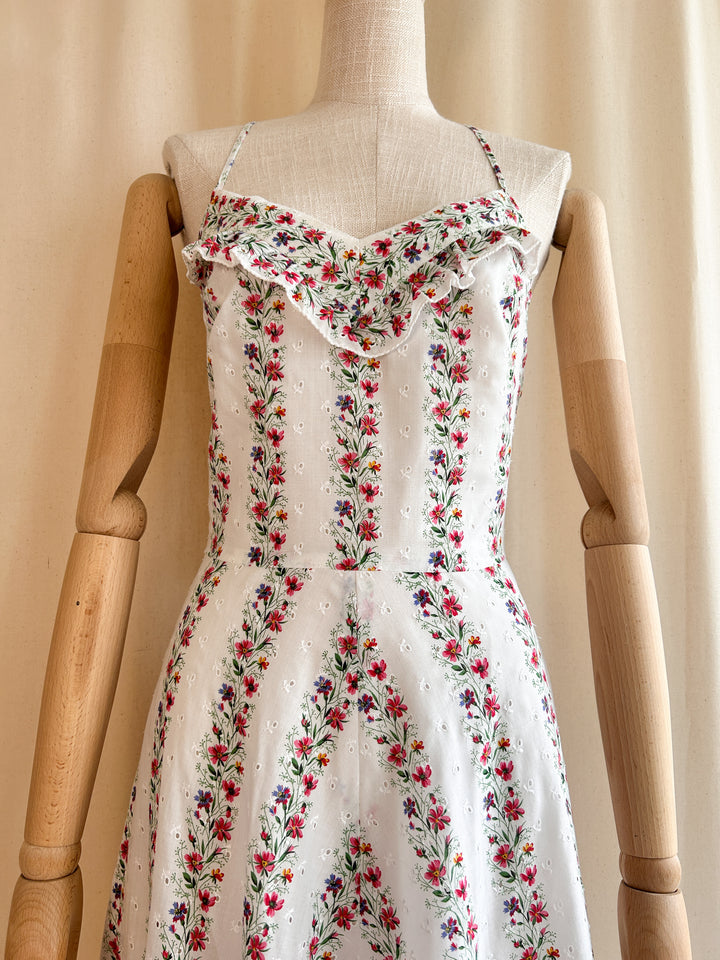 Stunning Rare Floral Broderie Anglaise Crossback 70s Cotton Dream Dress