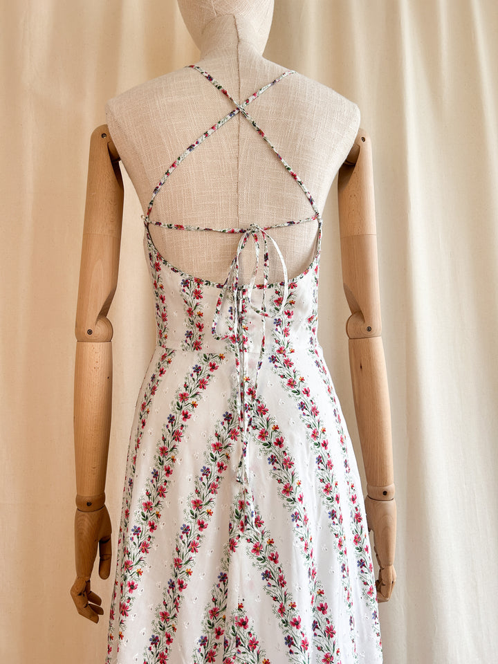 Stunning Rare Floral Broderie Anglaise Crossback 70s Cotton Dream Dress