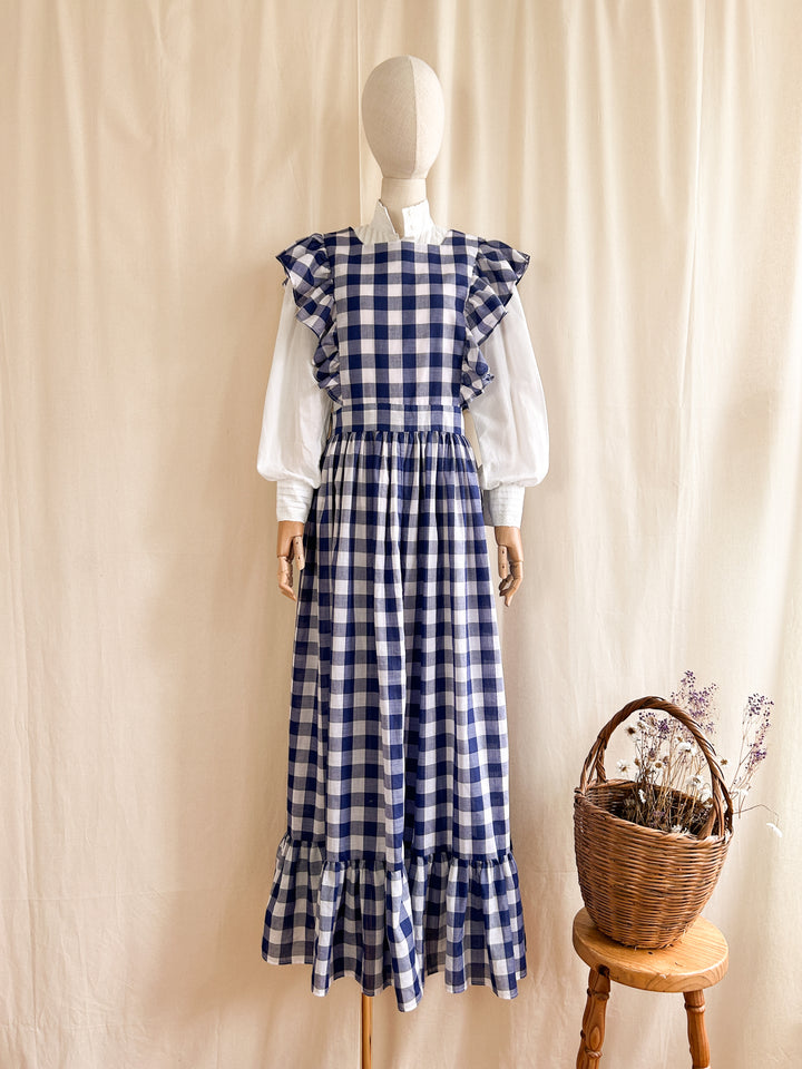 Iconic Handmade Buffalo Check Blue Gingham 70s Apron Dress