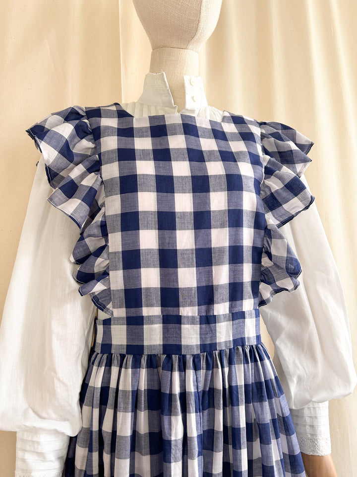 Iconic Handmade Buffalo Check Blue Gingham 70s Apron Dress