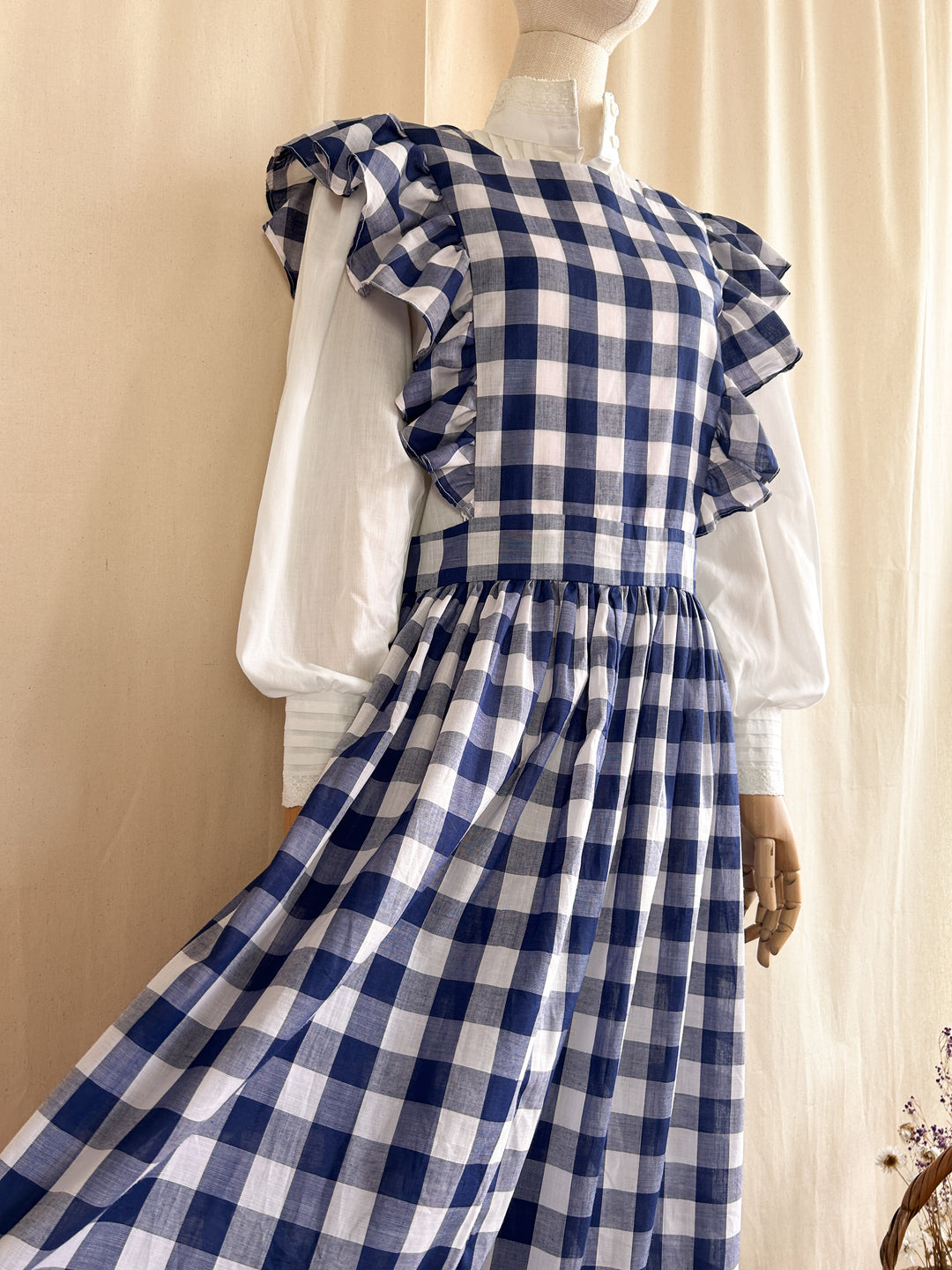 Iconic Handmade Buffalo Check Blue Gingham 70s Apron Dress