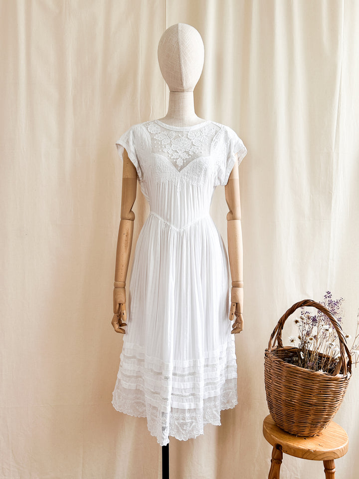 Romantic 80s Cotton and Lace Rene Derhy Midi Dress