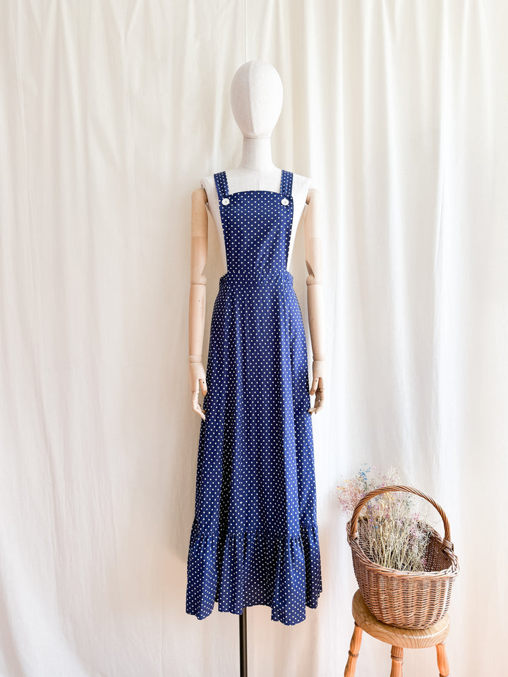 Adorable 70s Polkadot Cotton Pinafore Maxi Dress