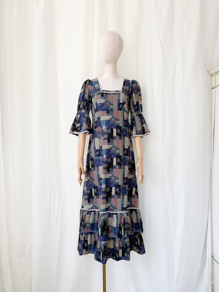 Stunning Patchwork Print 1970s Cotton Maxi Dress