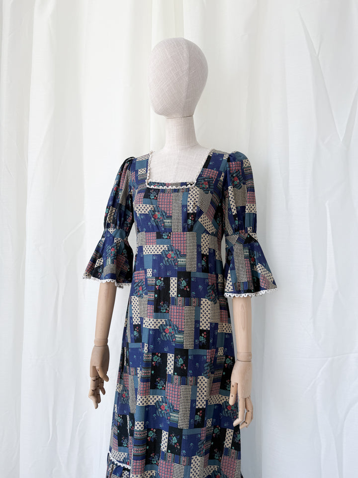 Stunning Patchwork Print 1970s Cotton Maxi Dress