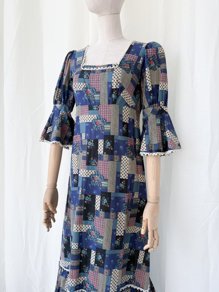 Stunning Patchwork Print 1970s Cotton Maxi Dress