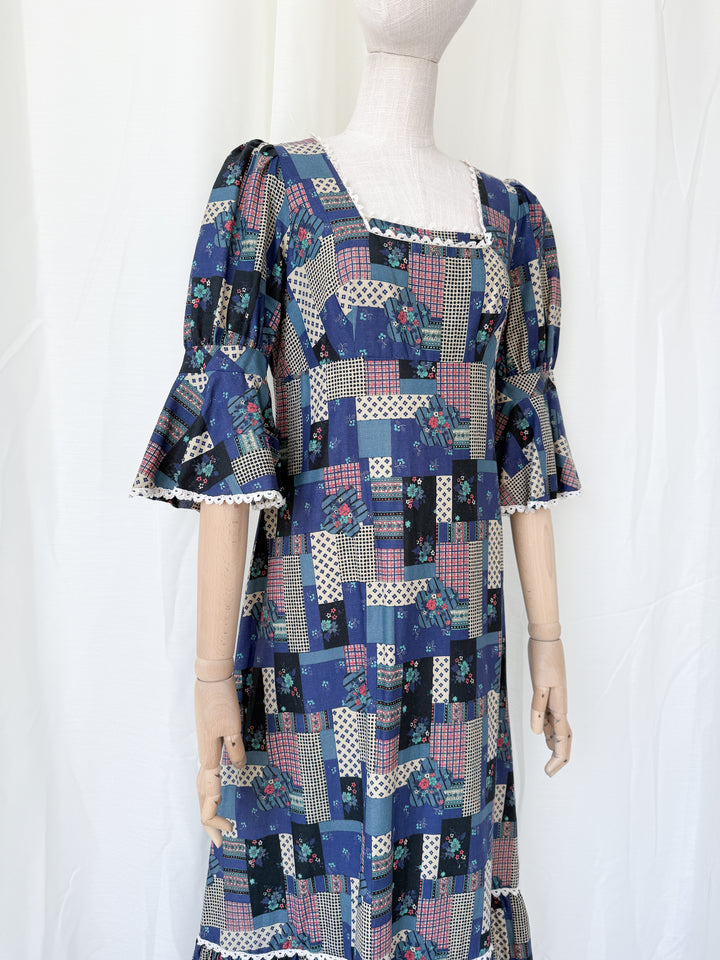 Stunning Patchwork Print 1970s Cotton Maxi Dress