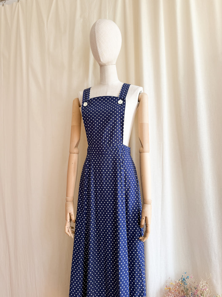 Adorable 70s Polkadot Cotton Pinafore Maxi Dress