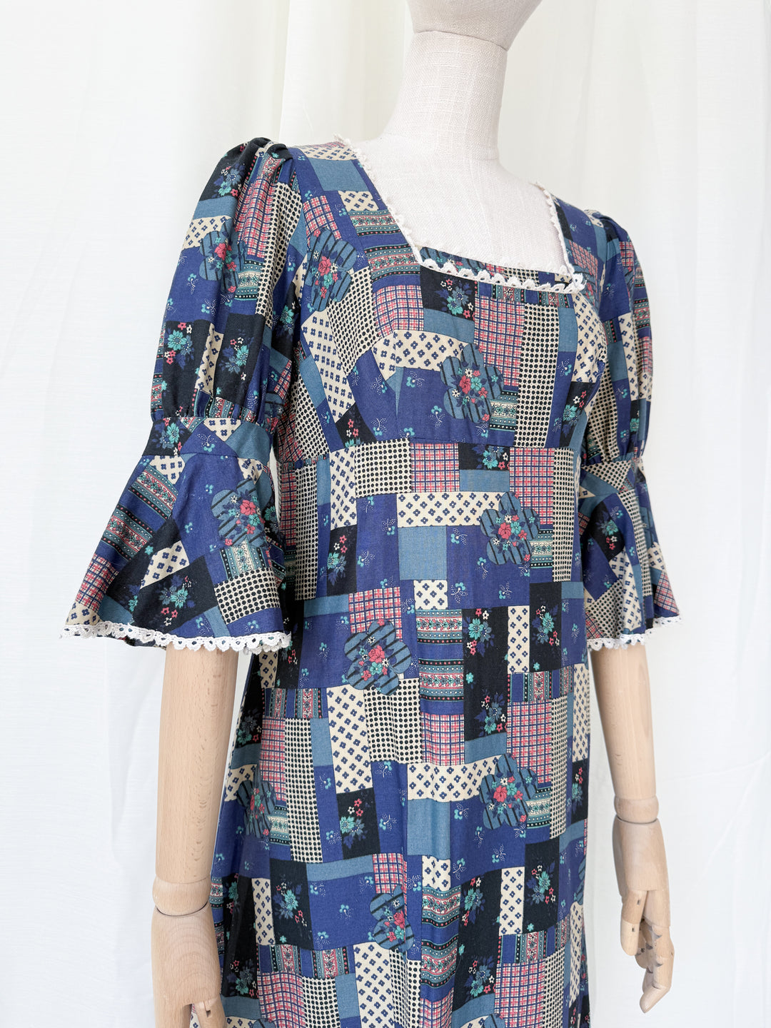 Stunning Patchwork Print 1970s Cotton Maxi Dress